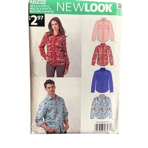 New Look A6232 Women & Men Sewing Pattern For Button-Up Shirts Sizes 6-18 Uncut